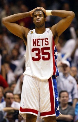 (FILES) Photo dated June 13, 2003 shows then New Jersey Nets player Jason Collins reacting to a foul call during game 5 of the NBA Finals against the San Antonio Spurs in East Rutherford, New Jersey. Collins became the first active player in a major professional American team sport to reveal that he is gay, doing so to Sports Illustrated in a major cover story released on April 29, 2013. Collins, who is now a free agent, has played in the NBA for 12 seasons with six teams, spending this past campaign with the Boston Celtics and Washington Wizards. He helped the New Jersey Nets reach the 2002 and 2003 NBA Finals. AFP PHOTO/FILES/Don EMMERT